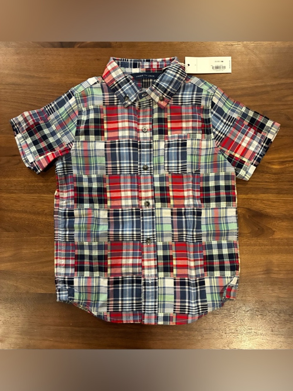 Janie and Jack Red Navy Green Plaid Short-Sleeve Button-Down Shirt